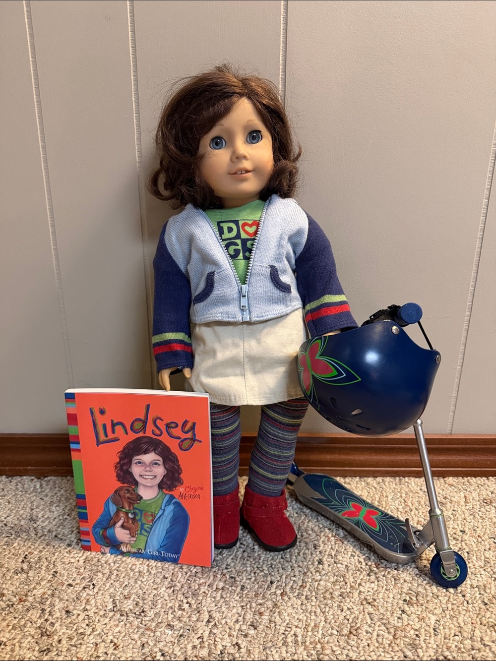 Retired American Girl Doll Lindsey with book, helmet and scooter